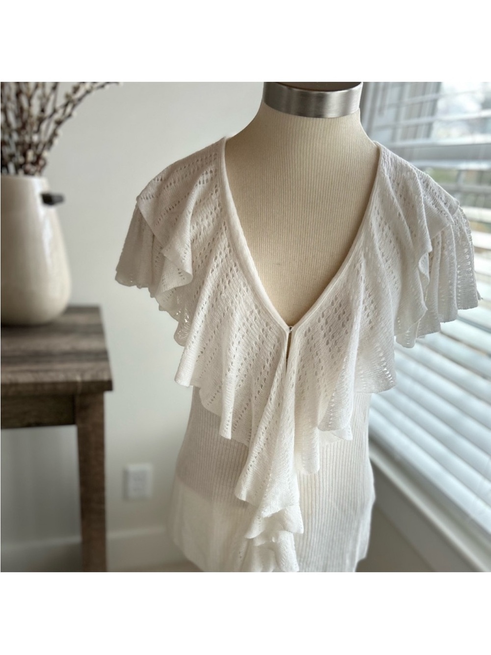 Ralph Lauren White Ruffle-Front Scoop Neck Sweater